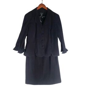 Vintage Leslie Fay Womens Black Ruffle Sleeve Blazer & Pencil Skirt Suit Set